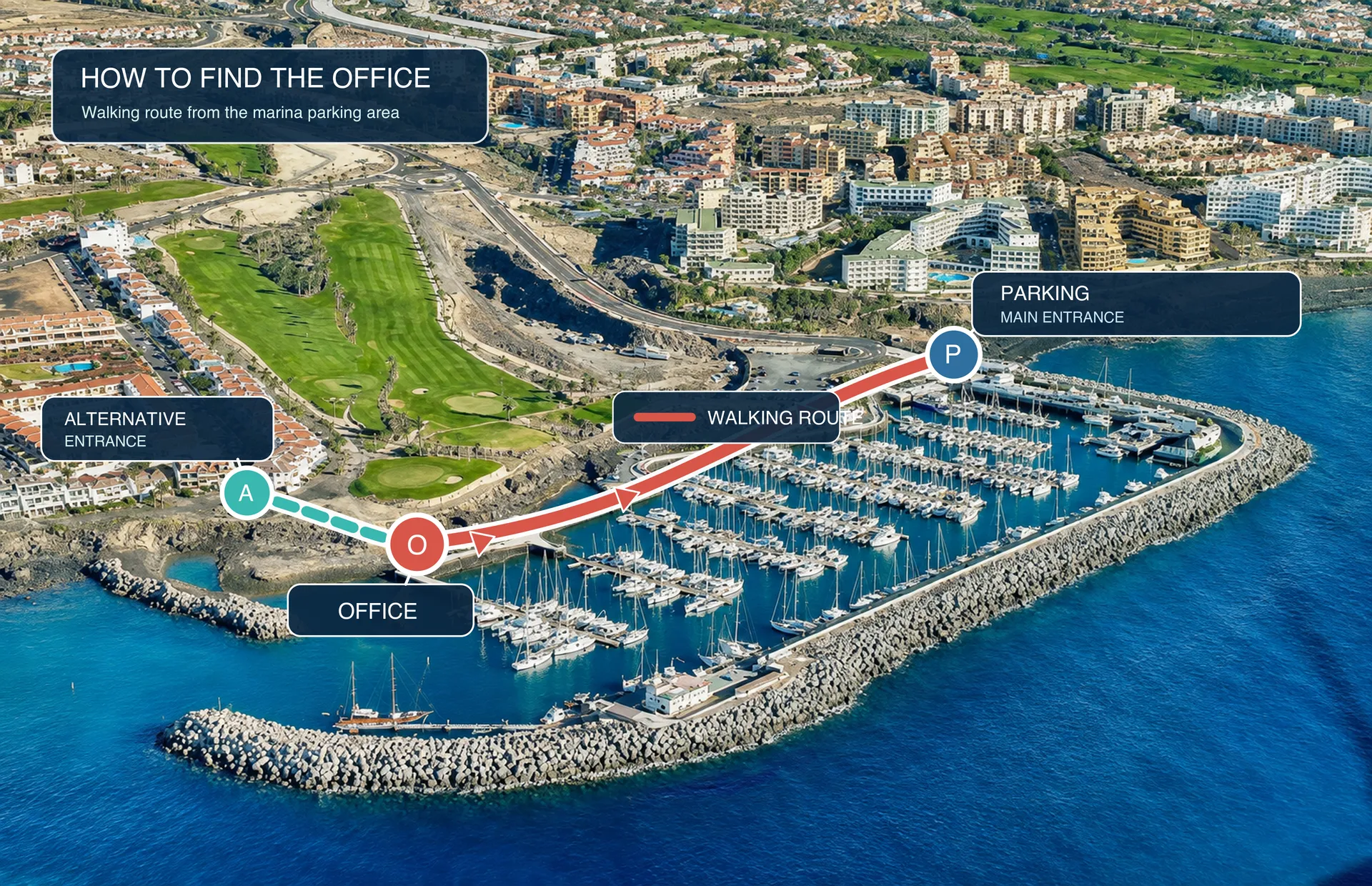 Aerial view of Marina San Miguel showing the parking at the main entrance, the walking route along the right hand side of the port, and the office at the far end by the small beach
