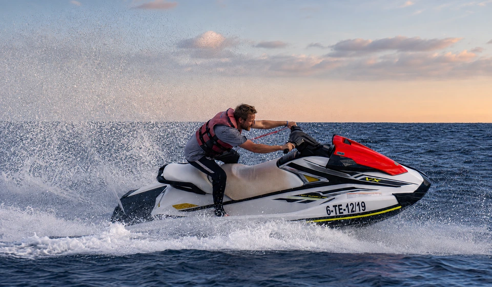 A rider on a jet ski at sunset off Tenerife